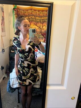 Reformation Black Tropical Bird Print Wrap Dress